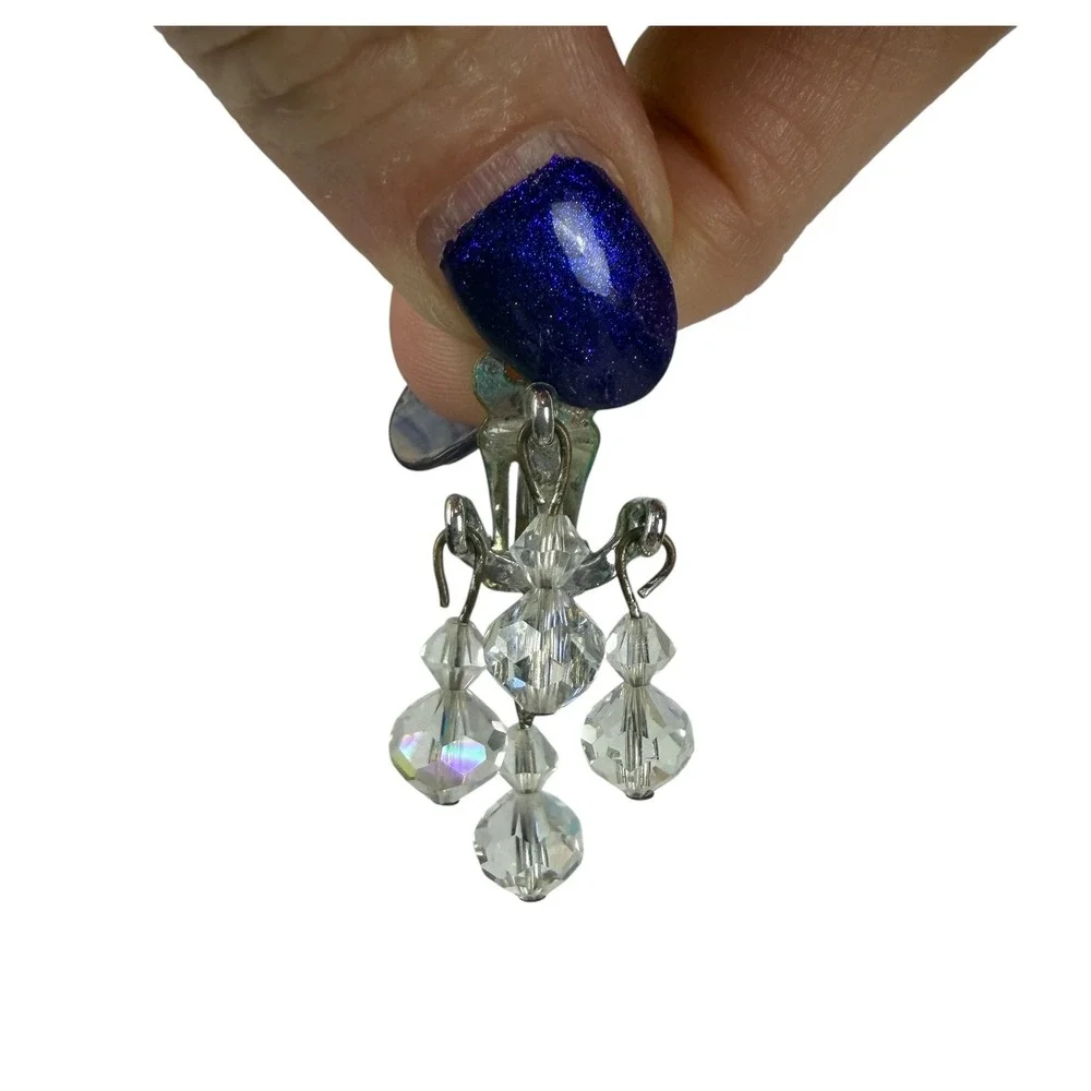 Vintage Aurora Borealis AB Crystal Chandelier Clip On Earrings Silver Tone Drop